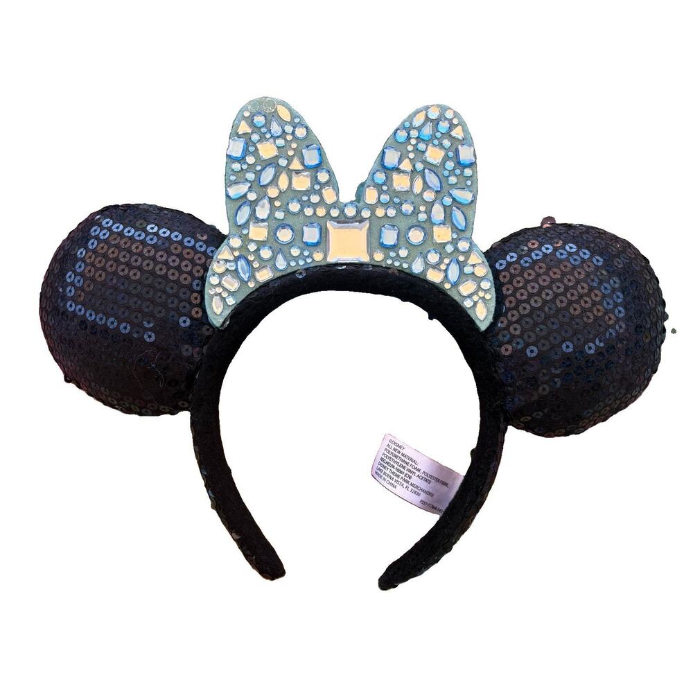 Disney Parks Minnie Mouse 60th Anniversary Black Sequin Ears with blue bow